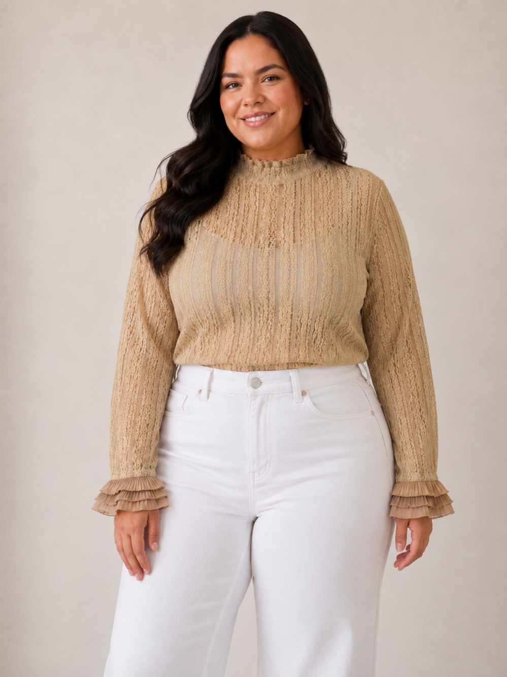 Women’s 3X Beige Lace Mock Neck Blouse Sheer Ruffle Sleeve Stretch Top